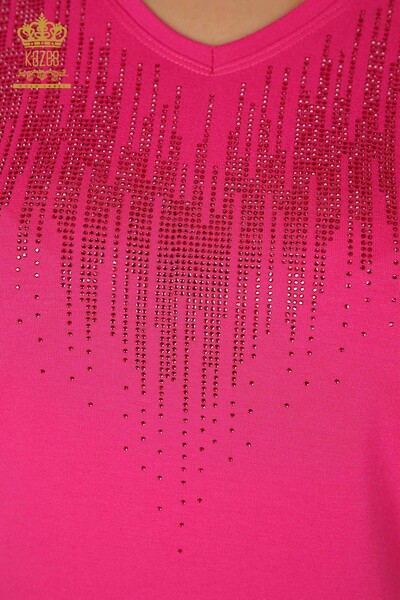 Bluză de damă cu ridicata cu piatră de cristal brodat fucsia - 77938 | KAZEE - 3