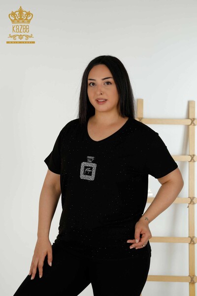 Bluză de damă cu ridicata cu piatră de cristal brodat negru - 79347 | KAZEE - Thumbnail