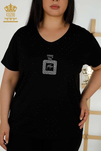 Bluză de damă cu ridicata cu piatră de cristal brodat negru - 79347 | KAZEE - Thumbnail