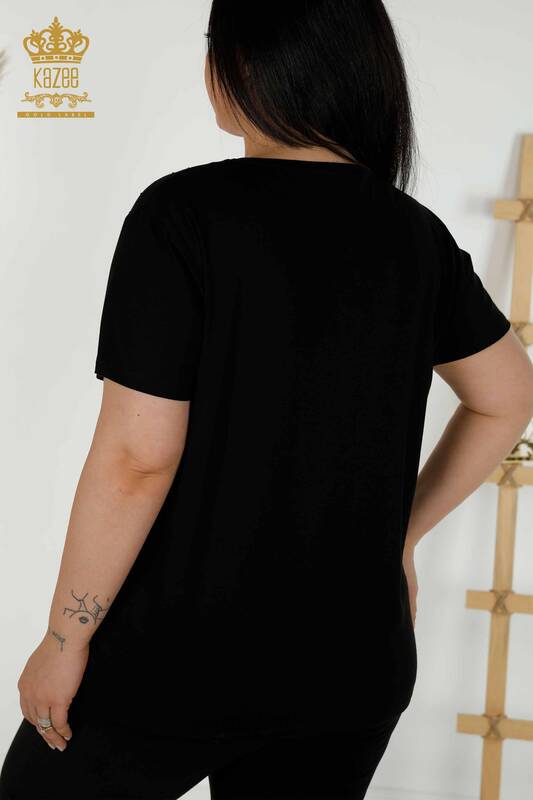 Bluză de damă cu ridicata cu piatră de cristal brodat negru - 79347 | KAZEE