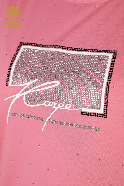 Bluza de dama cu ridicata cu piatra de cristal brodata roz - 79389 | KAZEE - Thumbnail