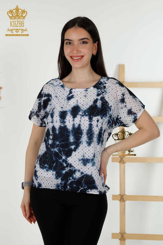 Bluză de damă cu ridicata cu model brodat cu piatră - 79167 | KAZEE