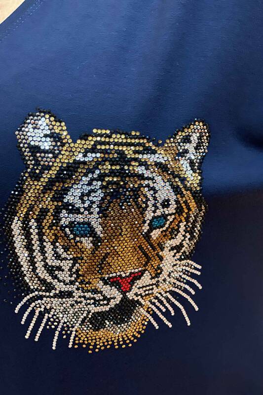 Bluză de damă cu ridicata cu decolteu în V Tigru detaliat cu piatră de cristal brodate - 76577 | Kazee