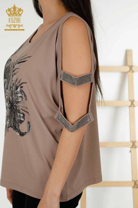 Bluză de damă cu ridicata detaliată pe umeri din nurcă - 79289 | KAZEE