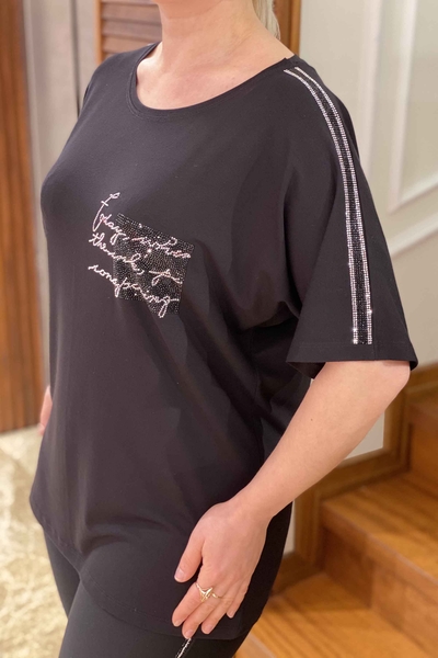 Bluză de damă cu ridicata cu mânecă liliac cu decolteu în formă de dungi - 77462 | Kazee - Thumbnail