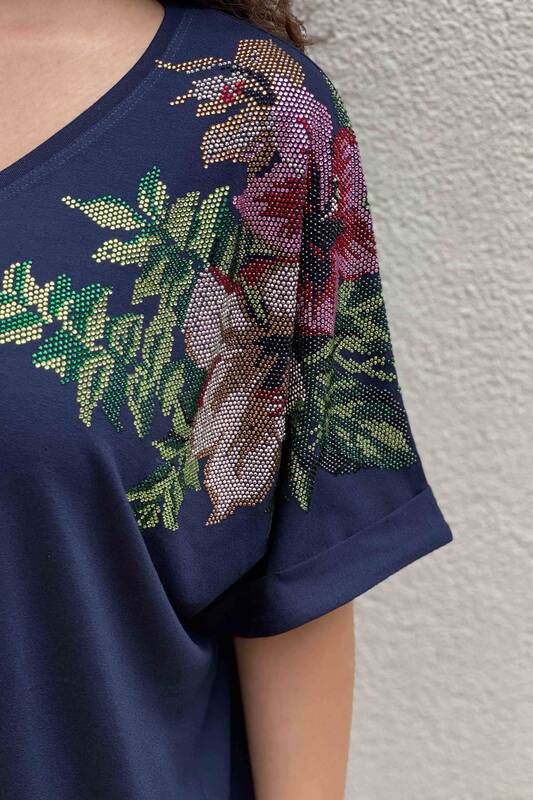 Bluză de damă cu ridicata cu mâneci liliac brodate cu piatră cu flori - 77712 | Kazee