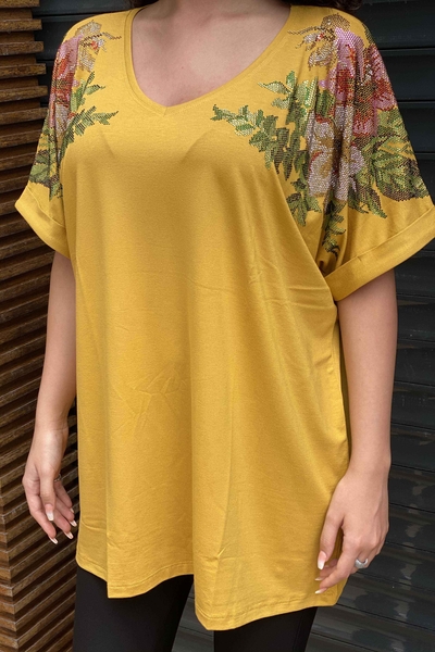 Bluză de damă cu ridicata cu mâneci liliac brodate cu piatră cu flori - 77712 | Kazee - Thumbnail