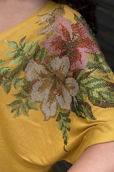 Bluză de damă cu ridicata cu mâneci liliac brodate cu piatră cu flori - 77712 | Kazee - Thumbnail