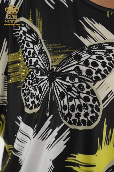Bluză de damă cu ridicata cu model fluture verde - 12051 | KAZEE - Thumbnail
