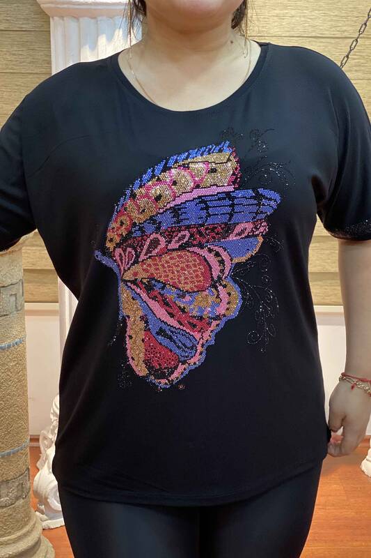 Bluză cu ridicata pentru femei cu design fluture și broderie cu pietre de cristal - 77384 | Kazee