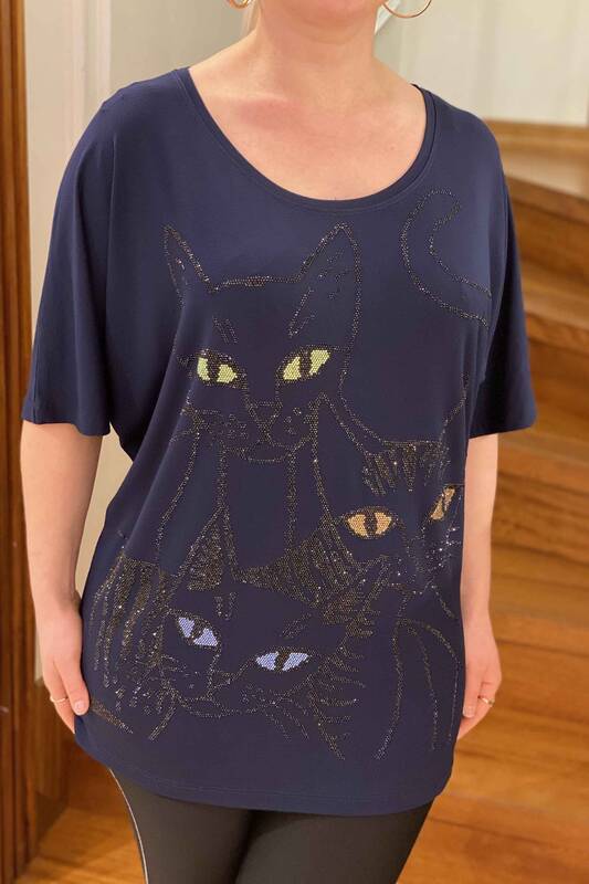 Bluză de damă cu ridicata cu decolteu rotund pisică imprimată cu piatră - 77457 | Kazee