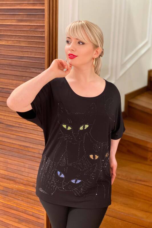 Bluză de damă cu ridicata cu decolteu rotund pisică imprimată cu piatră - 77457 | Kazee