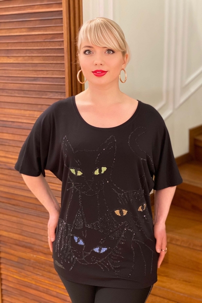 Bluză de damă cu ridicata cu decolteu rotund pisică imprimată cu piatră - 77457 | Kazee - Thumbnail