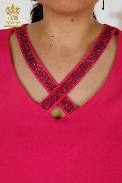 Bluză de damă cu ridicata cu guler detaliat fucsia - 79311 | KAZEE - Thumbnail