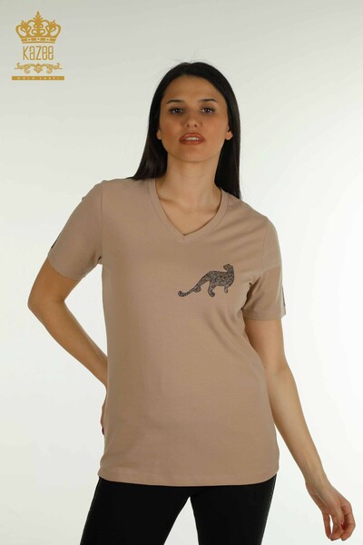 Bluză de damă cu ridicata - Leopard Cu piatră Brodat - Bej închis - 79484 | KAZEE - Thumbnail