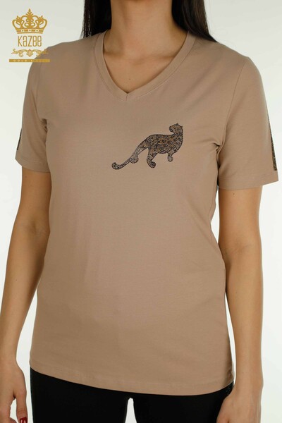 Bluză de damă cu ridicata - Leopard Cu piatră Brodat - Bej închis - 79484 | KAZEE - Thumbnail