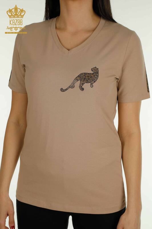 Bluză de damă cu ridicata - Leopard Cu piatră Brodat - Bej închis - 79484 | KAZEE