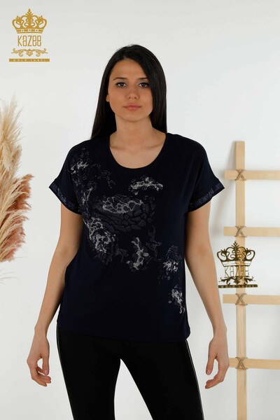 Bluză de damă cu ridicata cu piatră leopard brodat bleumarin - 79066 | KAZEE - Thumbnail
