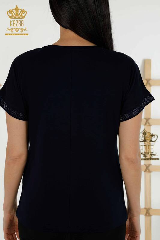 Bluză de damă cu ridicata cu piatră leopard brodat bleumarin - 79066 | KAZEE
