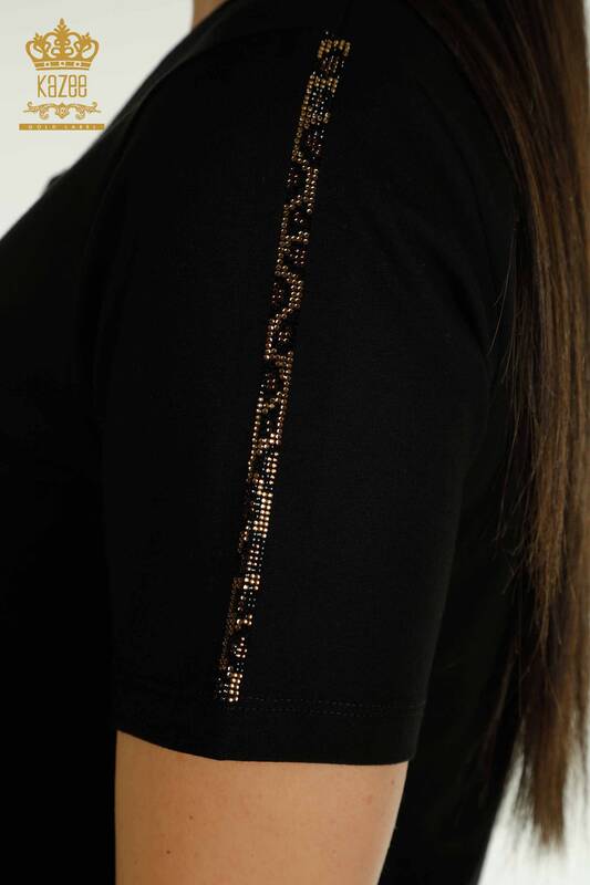 Bluza de dama cu ridicata cu piatra leopard brodata neagra - 79484 | KAZEE