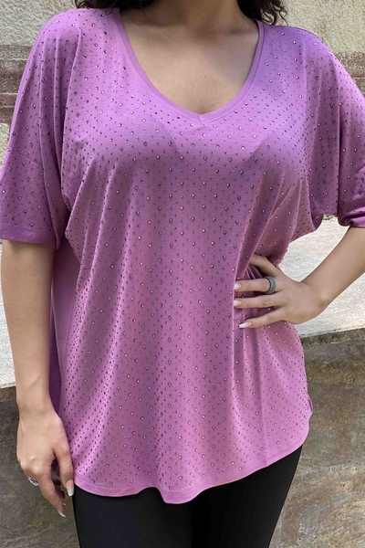 Bluză cu ridicata pentru femei cu mânecă liliac cu decolteu în V Stone - 77399 | Kazee - Thumbnail
