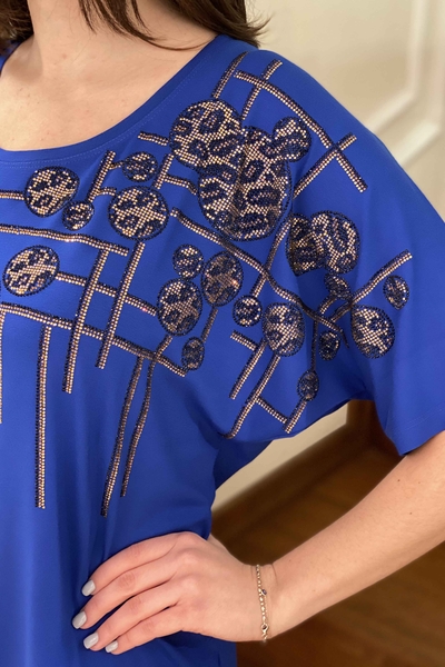 Bluză cu ridicata pentru femei cu mânecă liliac cu pietre colorate - 77504 | Kazee - Thumbnail