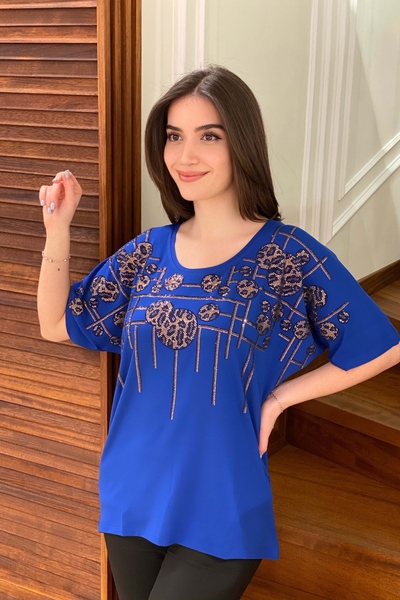Bluză cu ridicata pentru femei cu mânecă liliac cu pietre colorate - 77504 | Kazee - Thumbnail