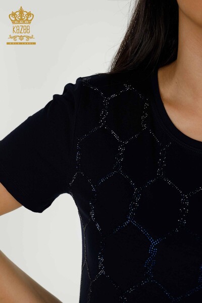 Bluză de damă cu mânecă scurtă cu model bleumarin - 79304 | KAZEE - Thumbnail