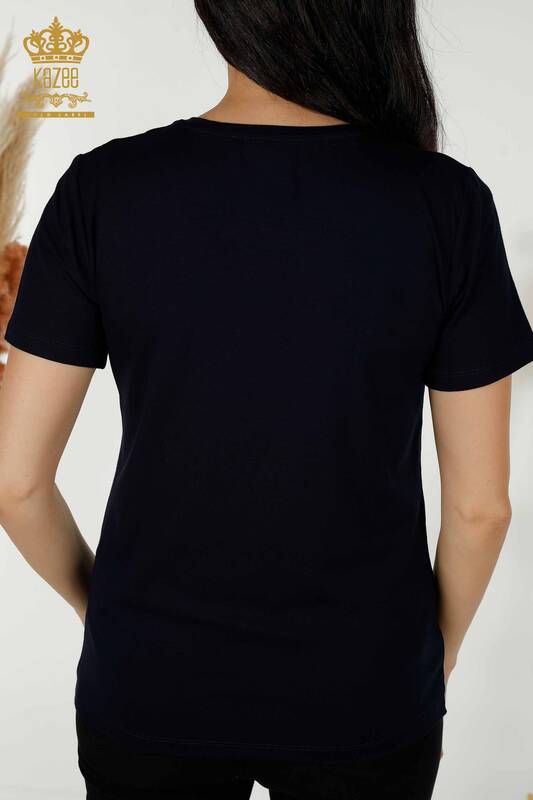 Bluză de damă cu mânecă scurtă cu model bleumarin - 79304 | KAZEE