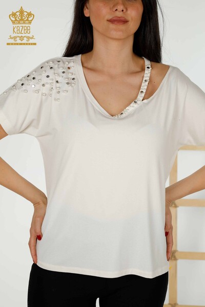Bluză de damă cu ridicata cu mărgele cu piatră brodata Ecru - 79200 | KAZEE - Thumbnail