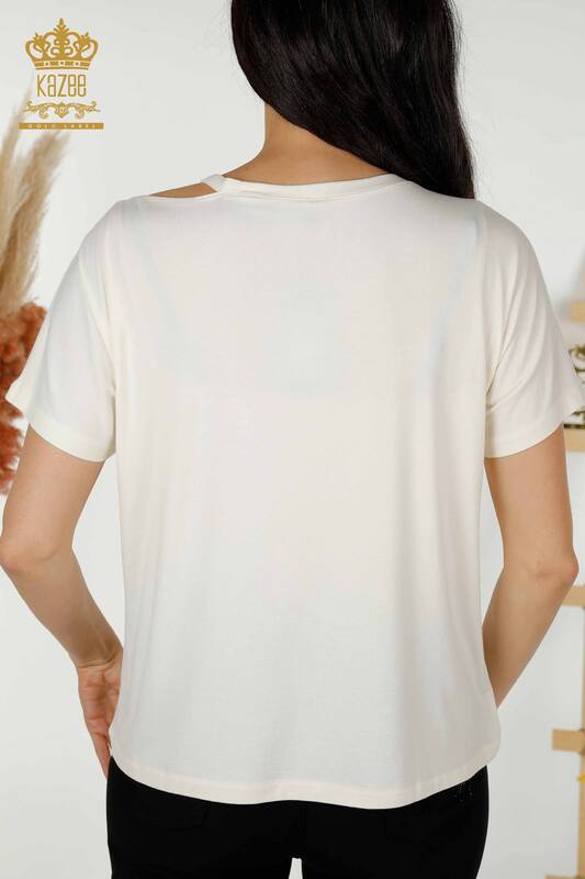 Bluză de damă cu ridicata cu mărgele cu piatră brodata Ecru - 79200 | KAZEE