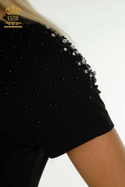 Bluză de damă cu ridicata cu mărgele cu piatră brodată neagră - 79199 | KAZEE - Thumbnail
