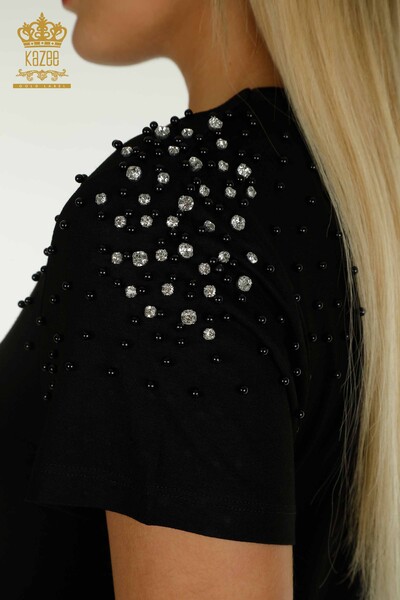 Bluză de damă cu ridicata cu mărgele cu piatră brodată neagră - 79199 | KAZEE - Thumbnail