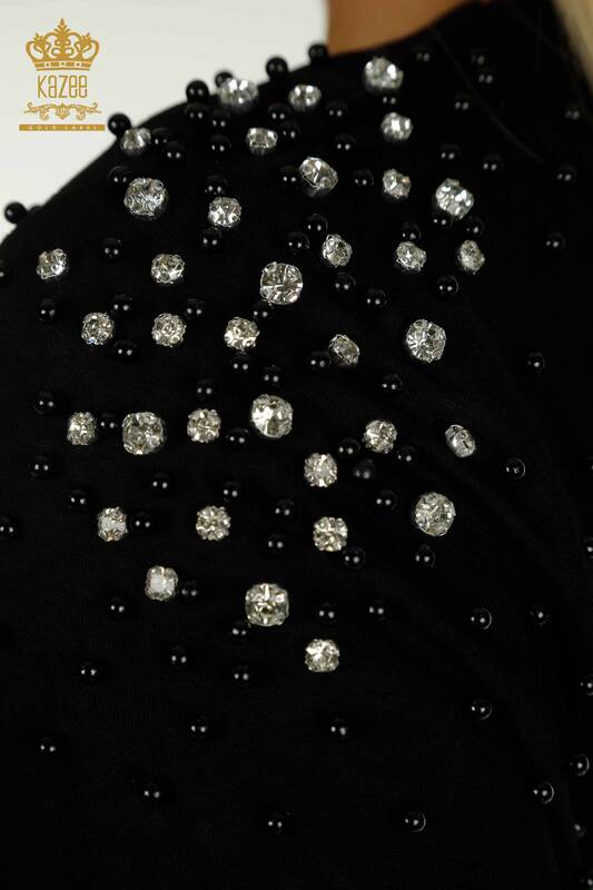 Bluză de damă cu ridicata cu mărgele cu piatră brodată neagră - 79199 | KAZEE