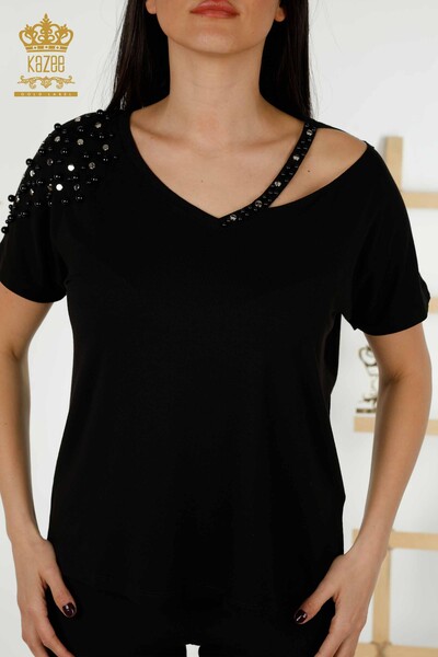 Bluză de damă cu ridicata cu mărgele cu piatră brodata neagră - 79200 | KAZEE - Thumbnail