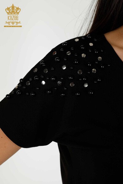 Bluză de damă cu ridicata cu mărgele cu piatră brodata neagră - 79200 | KAZEE - Thumbnail
