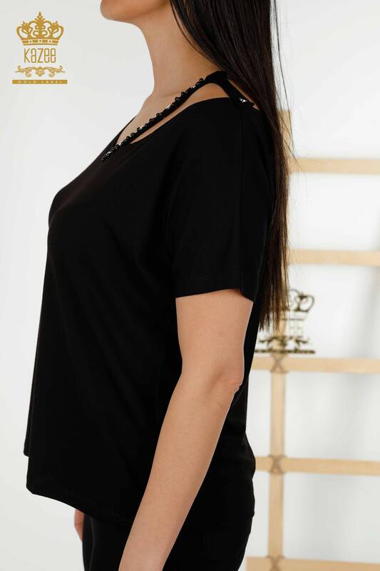 Bluză de damă cu ridicata cu mărgele cu piatră brodata neagră - 79200 | KAZEE