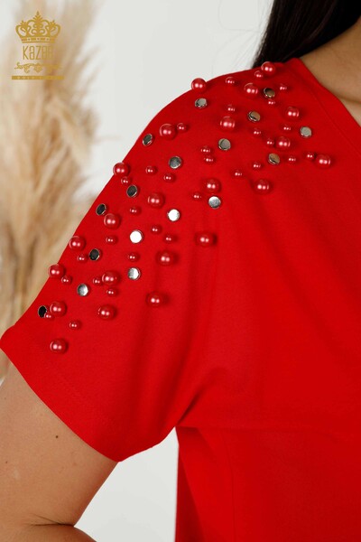 Bluză de damă cu ridicata cu mărgele roșu brodat de piatră - 79200 | KAZEE - Thumbnail