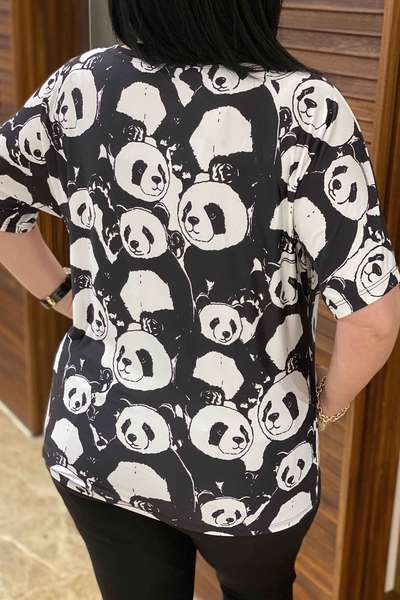 Bluză de damă cu ridicata Panda imprimată cu broderie de piatră - 77372 | Kazee - Thumbnail