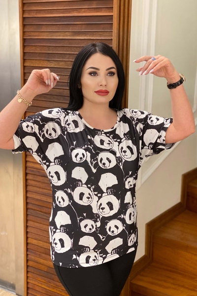 Bluză de damă cu ridicata Panda imprimată cu broderie de piatră - 77372 | Kazee - Thumbnail