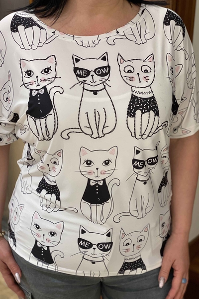 Bluză de damă cu ridicata cu imprimeu pisica cu detaliu de piatră - 77371 | Kazee - Thumbnail
