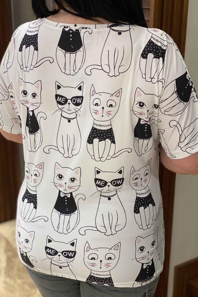 Bluză de damă cu ridicata cu imprimeu pisica cu detaliu de piatră - 77371 | Kazee - Thumbnail