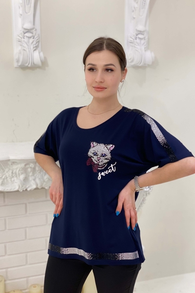 Bluză de damă cu ridicata cu imprimeu de pisici și pietre - 77551 | Kazee - Thumbnail