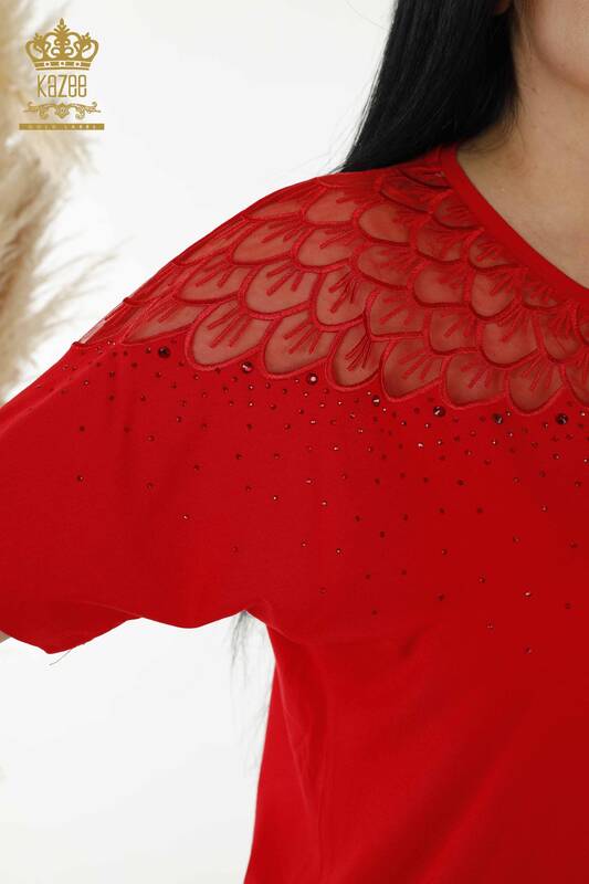Bluză de damă cu ridicata cu piatră brodata cu model roșu - 79143 | KAZEE