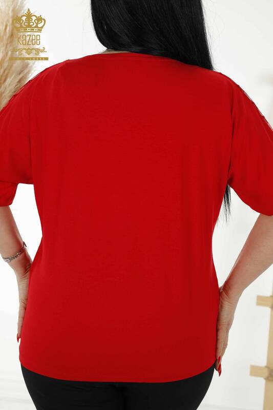 Bluză de damă cu ridicata cu piatră brodata cu model roșu - 79143 | KAZEE