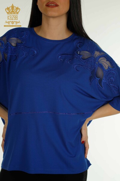 Bluză de damă cu ridicata Saks brodat cu piatră - 79057 | KAZEE - Thumbnail