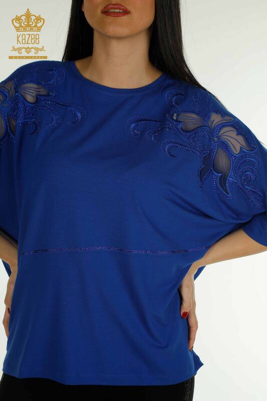 Bluză de damă cu ridicata Saks brodat cu piatră - 79057 | KAZEE