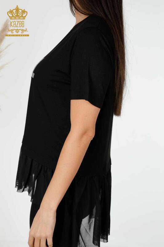 Bluză de damă cu ridicata cu detaliu text Negru - 78920 | KAZEE