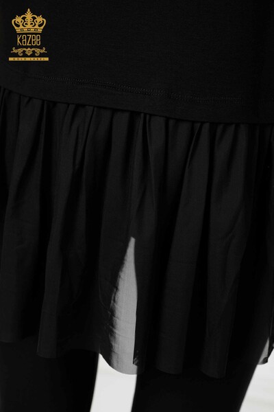 Bluză de damă cu ridicata cu detaliu text Negru - 78920 | KAZEE - Thumbnail