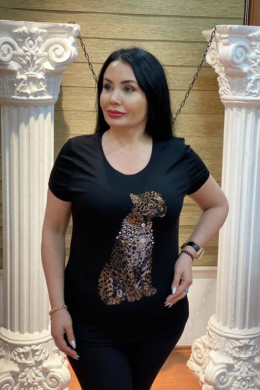 Bluză de damă cu ridicata Tigru cu detaliu acoperit cu piatră - 76670 | Kazee